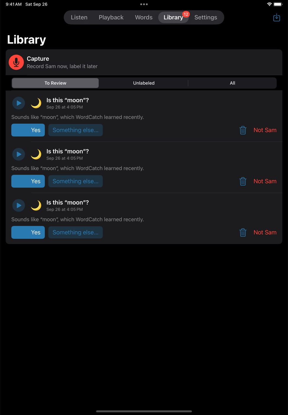The Library's To Review tab asking Is this moon? for three recordings, with Yes and Something else buttons