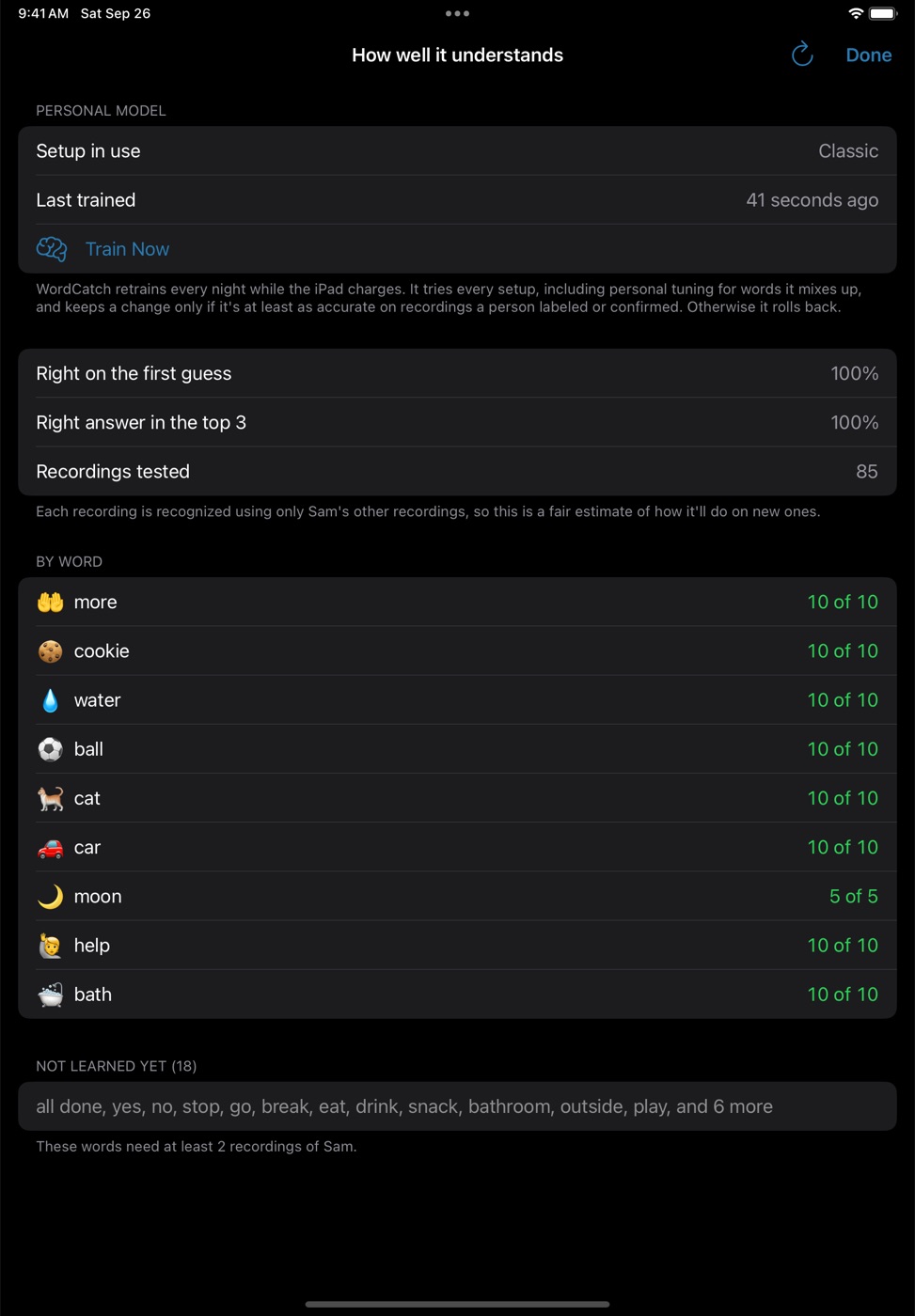 How well it understands: first-guess accuracy, top 3 accuracy, and results for each word