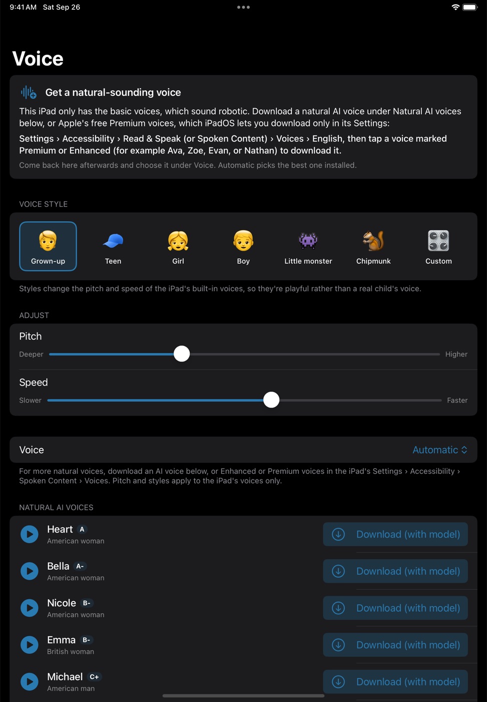 Voice settings: voice styles, pitch and speed sliders, and a list of natural AI voices with play and download buttons