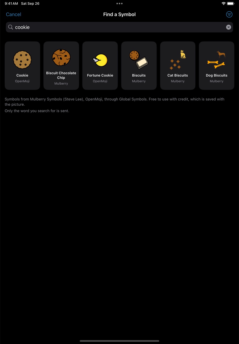 Find a Symbol: a search for cookie showing cookie and biscuit pictures from OpenMoji and Mulberry Symbols