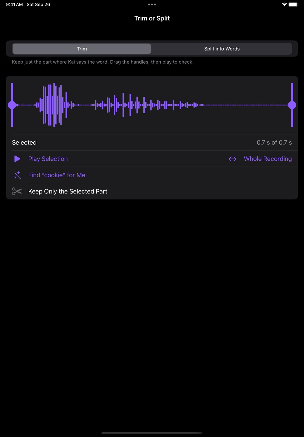 Trim or Split: a waveform of a recording with a handle at each end, Play Selection, and a Find cookie for me button