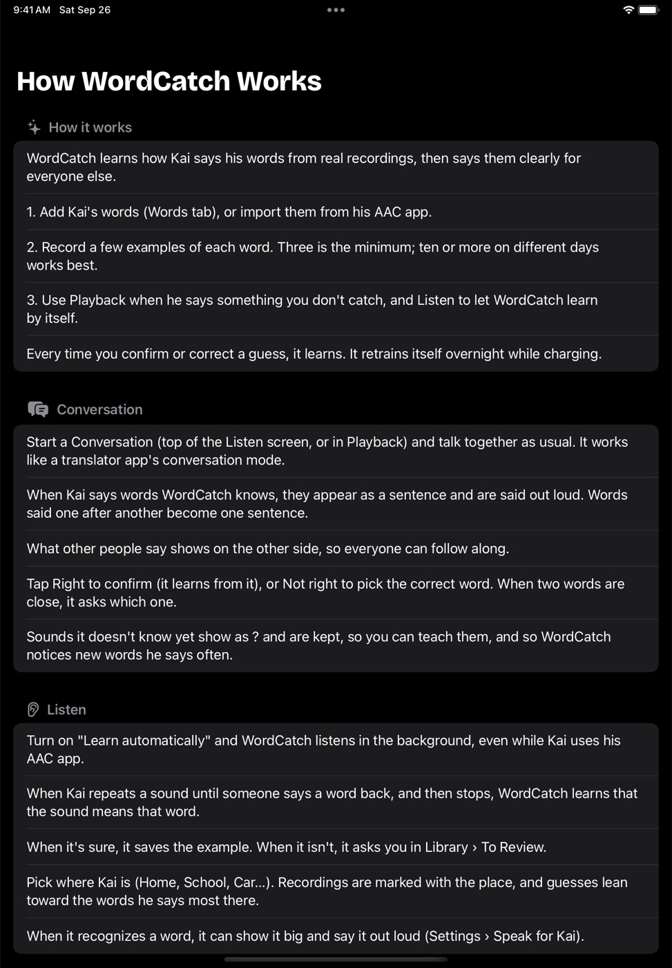 How WordCatch Works: a guide with a section for each part of the app